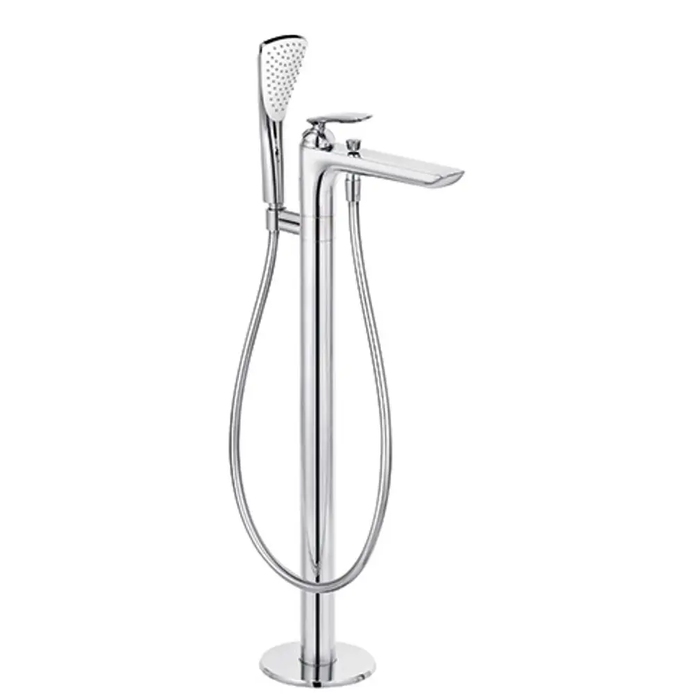 Kludi Wasserhahn mit Handbrause, bestehend aus einem hohen Standmischer mit einem flexiblen Schlauch und einem schlichten Design in verchromter Oberfläche.